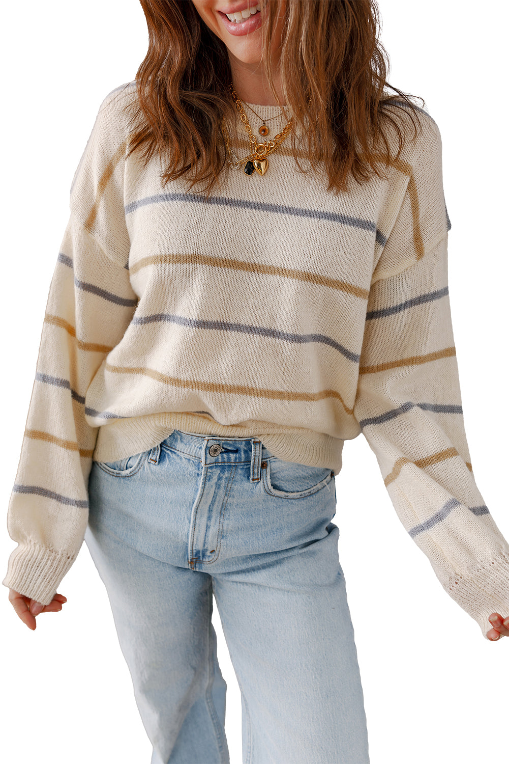Brown Striped Ribbed Edge Drop Shoulder Sweater Shewin