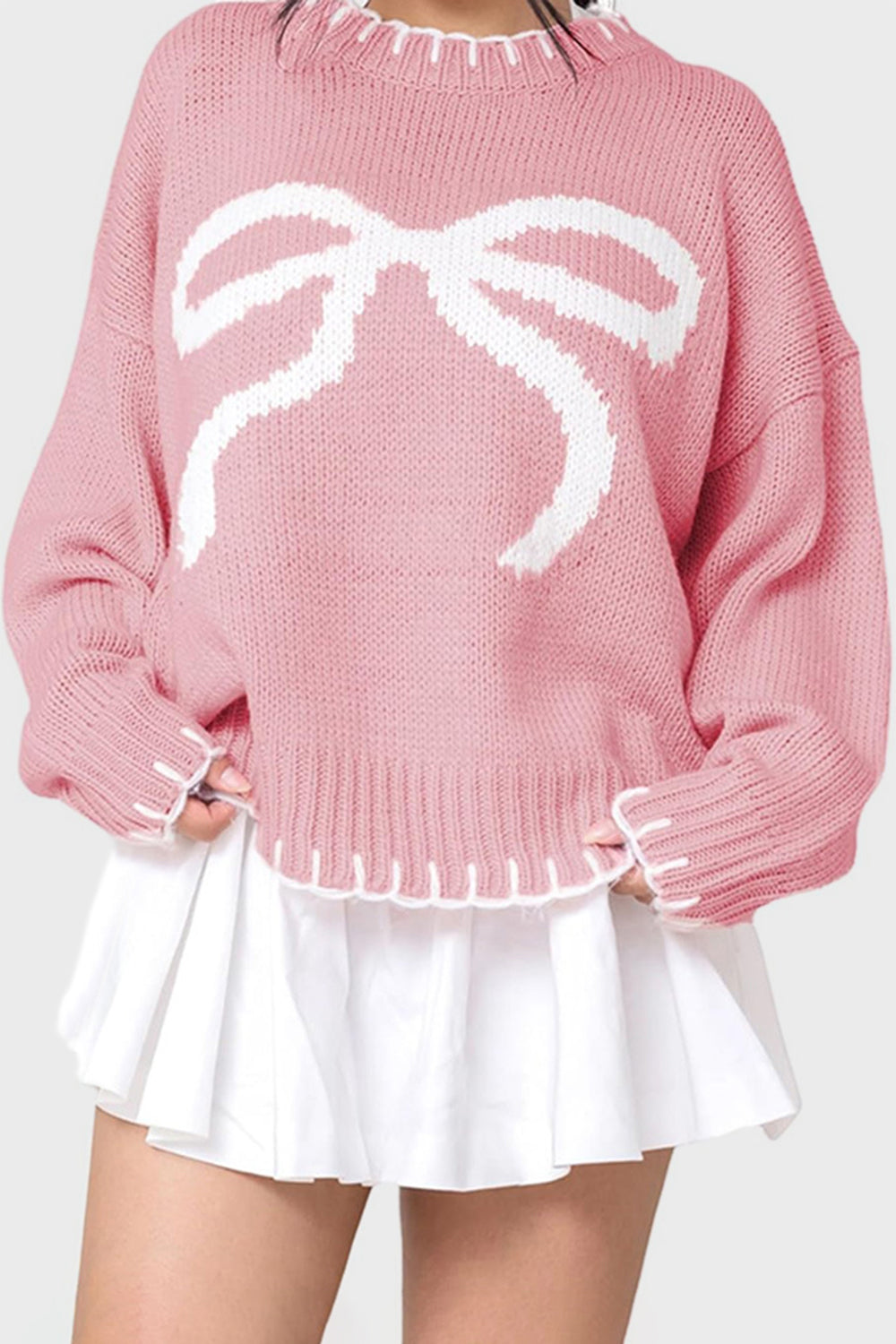 Bow Graphic Round Neck Long Sleeve Sweater - ClassiQ