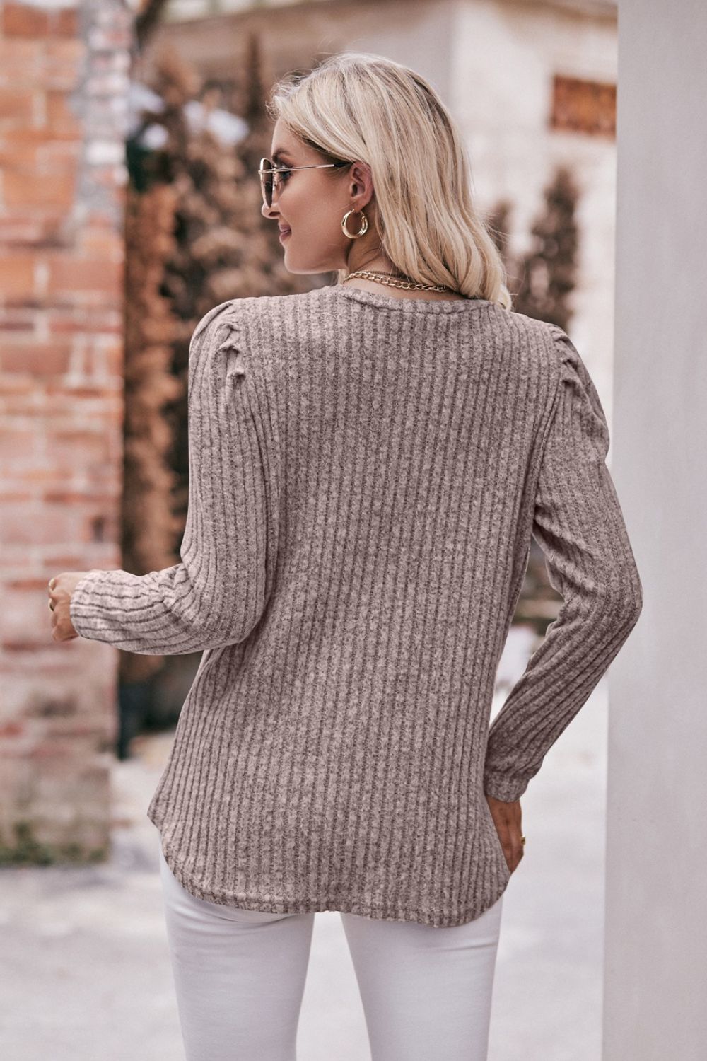 Mandy Round Neck Puff Sleeve Ribbed Top - Classique Collection