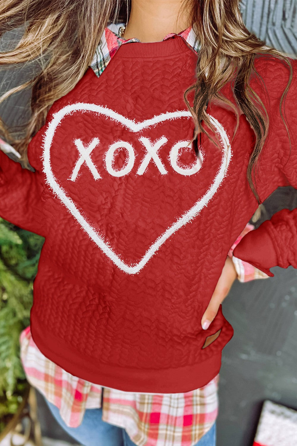 XOXO Heart Round Neck Dropped Shoulder Sweatshirt - ClassiQ