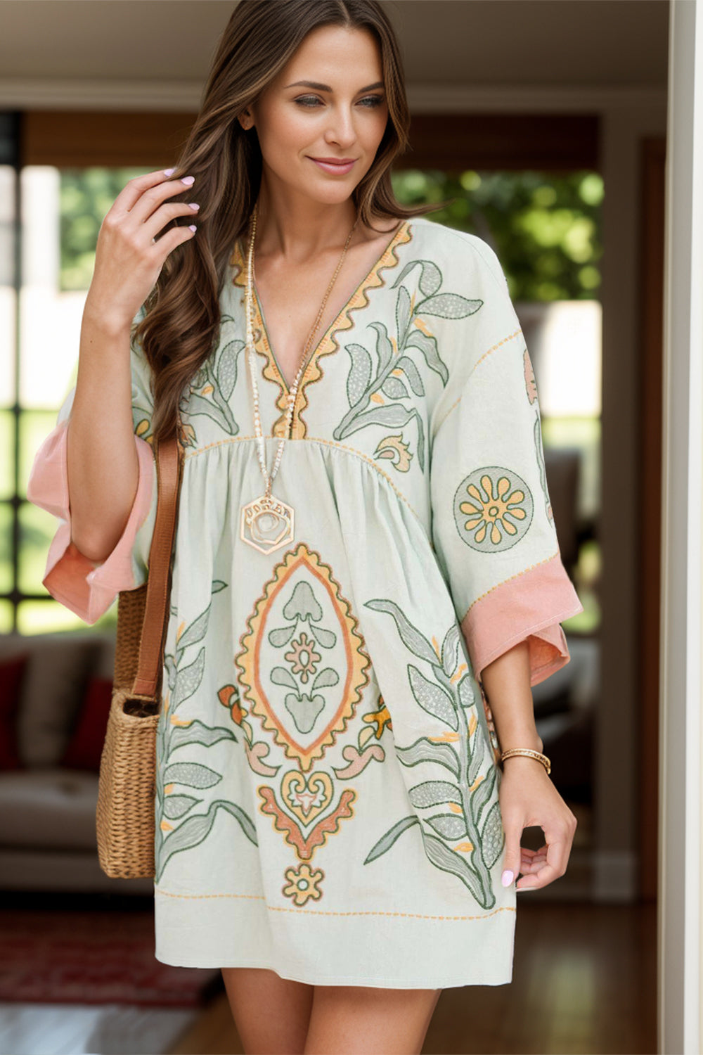 Printed V-Neck Three-Quarter Sleeve Mini Dress - Classique Collection