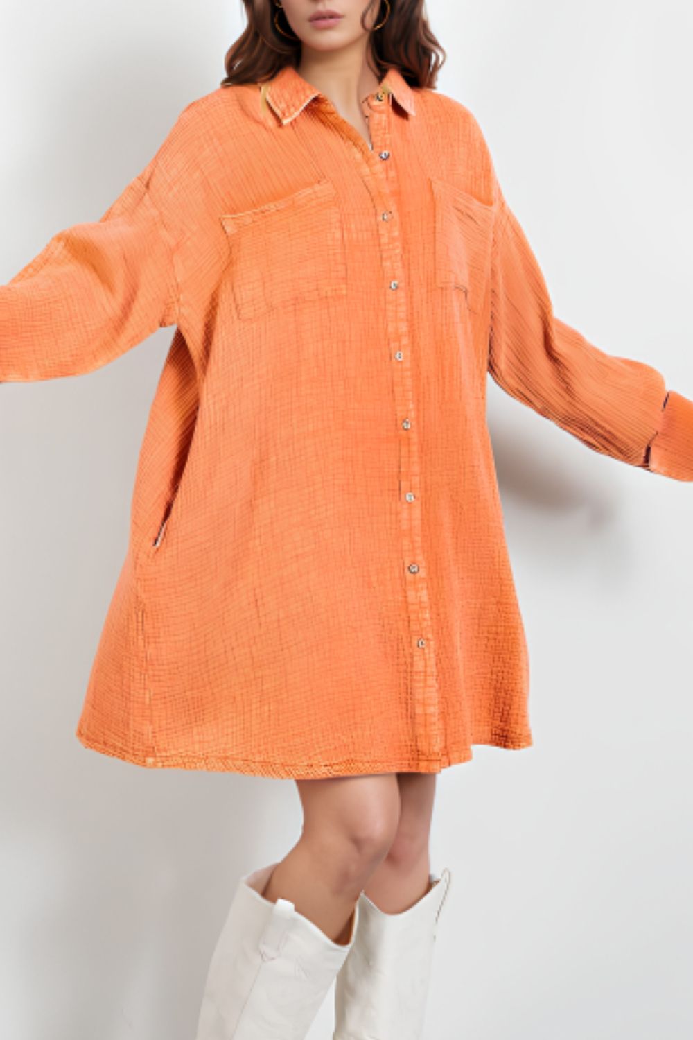 Pocketed Button Up Long Sleeve Shirt Dress - Classique Collection