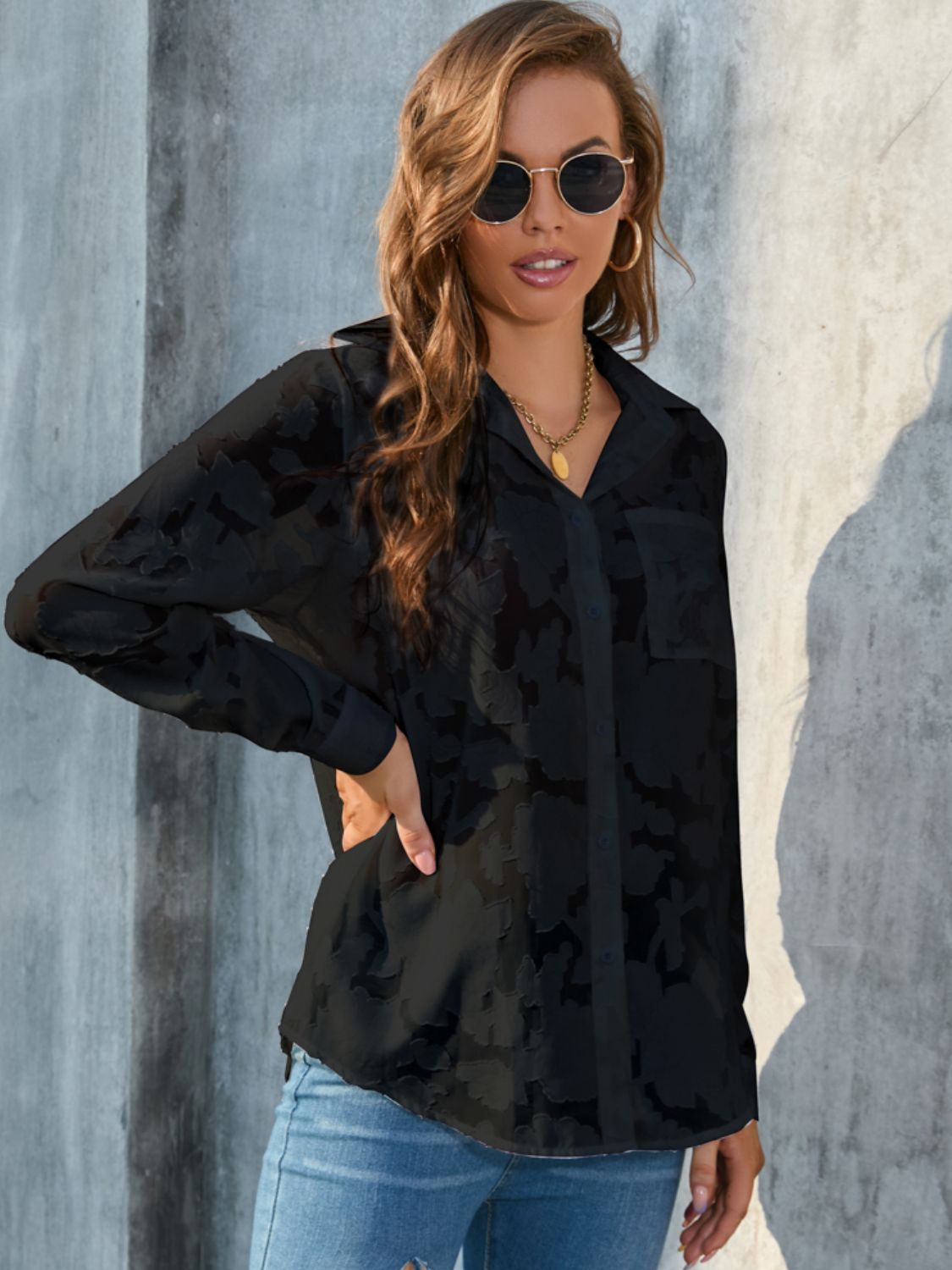 Full Size Collared Neck Long Sleeve Shirt Plus Size - Classique Collection