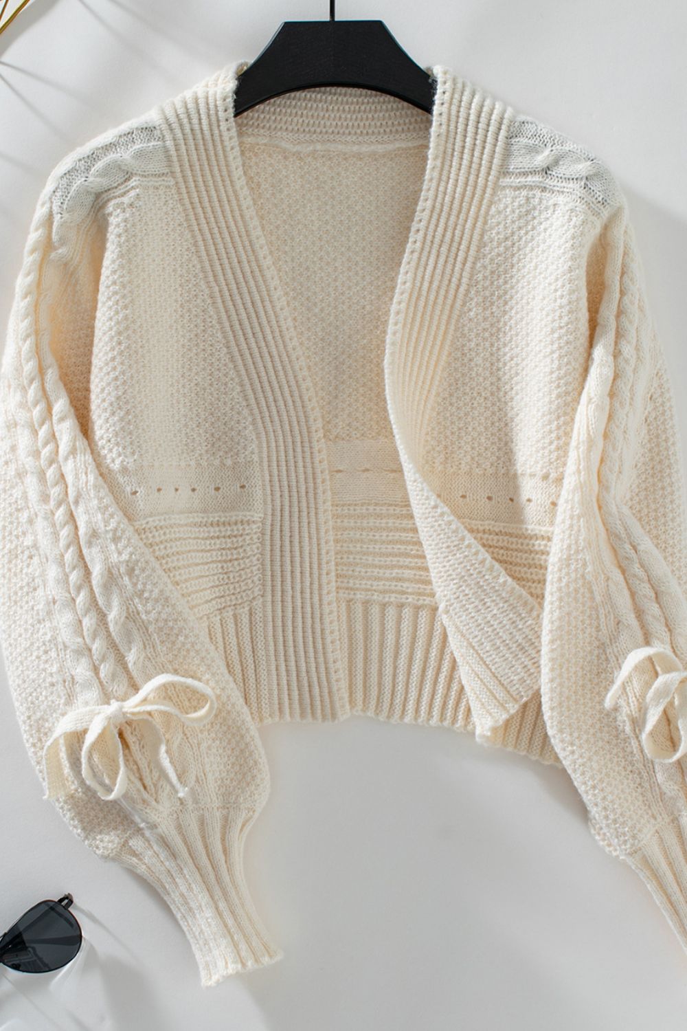Cable-Knit Tied Open Front Lantern Sleeve Cardigan - Classique Collection