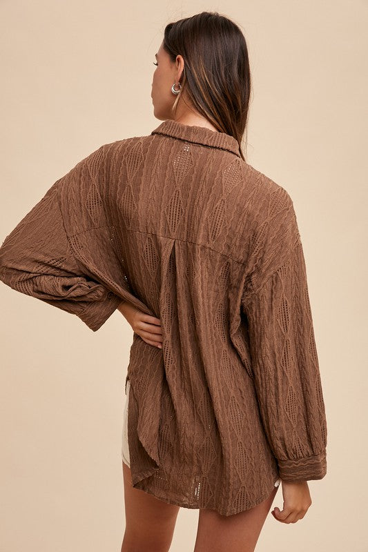 Annie Wear Openwork Button Down Drop Shoulder Shirt - ClassiQ