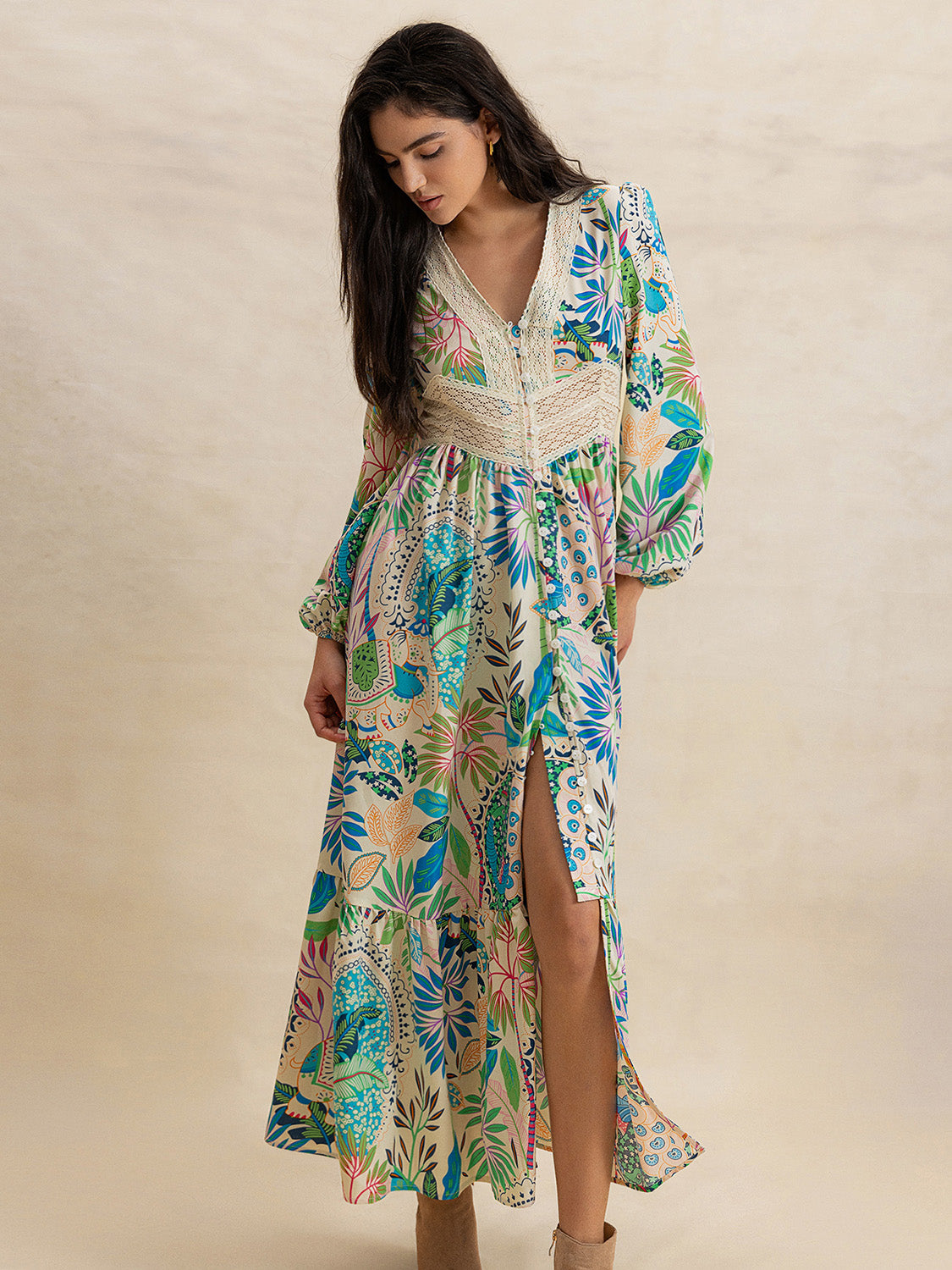 Slit Printed V-Neck Long Sleeve Midi Dress - Classique Collection
