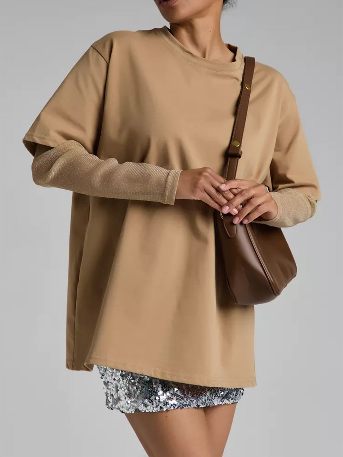 Faux Layered Round Neck Mesh Sleeve Top - Classique Collection