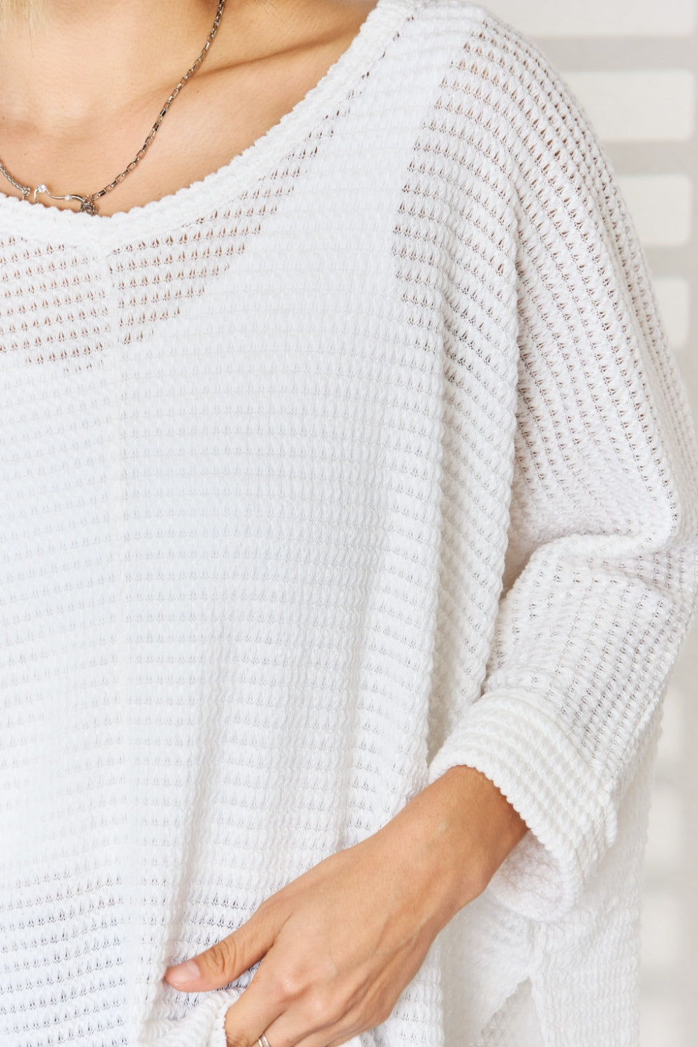 Zenana Full Size Waffle Knit V-Neck Long Sleeve Slit Top - Classique Collection