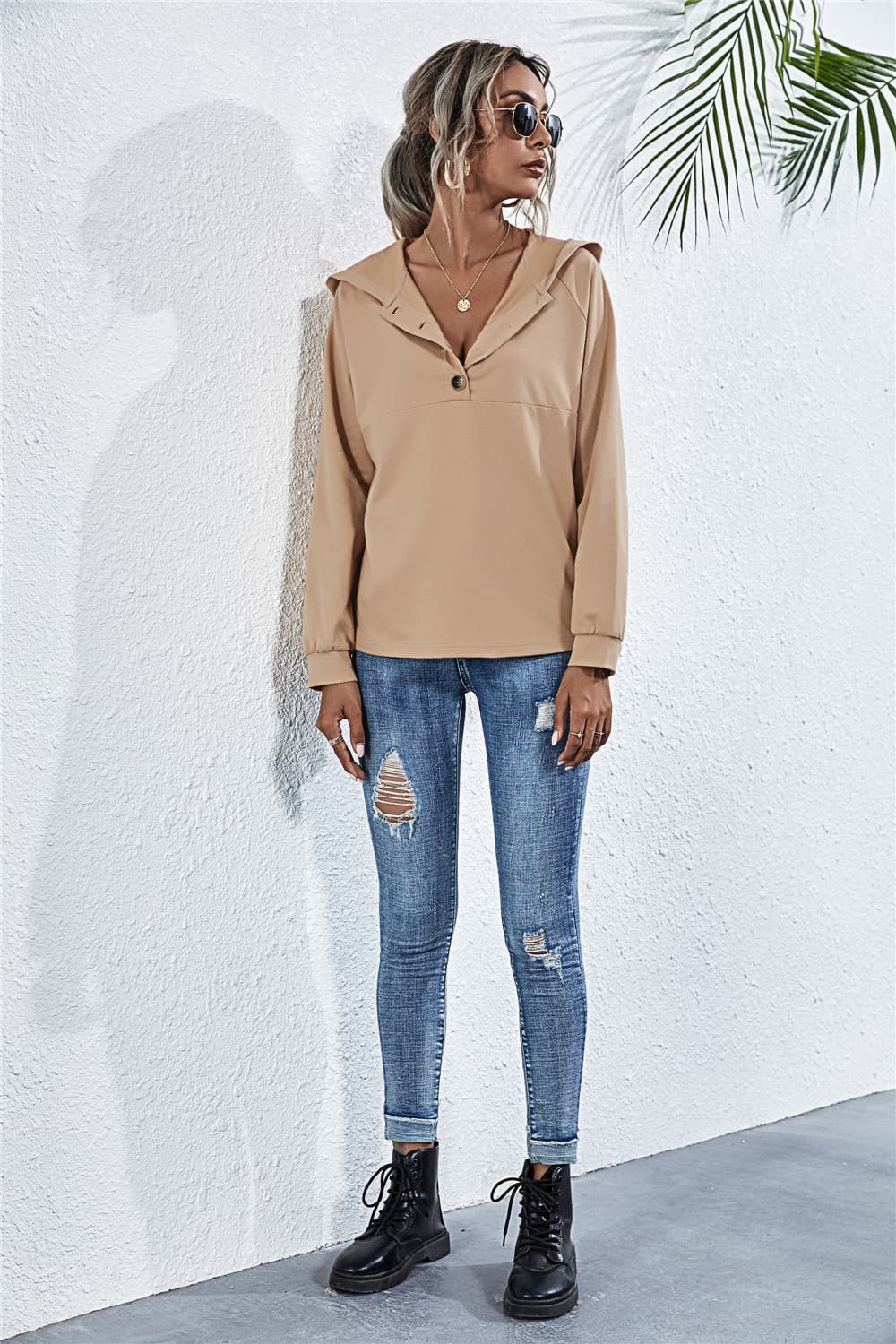 Buttoned Raglan Sleeve Hooded Blouse - ClassiQ