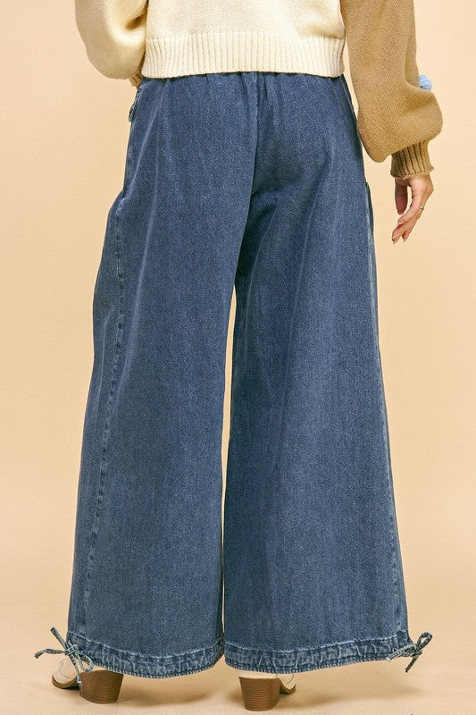 Davi & Dani Drawstring Hem Wide Leg Mid Rise Jeans - Classique Collection