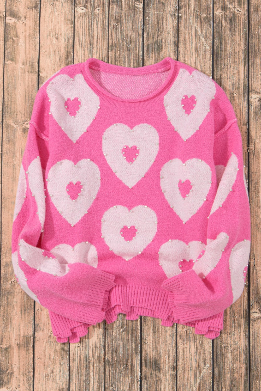 Pearl Detail Heart Round Neck Long Sleeve Sweater - ClassiQ