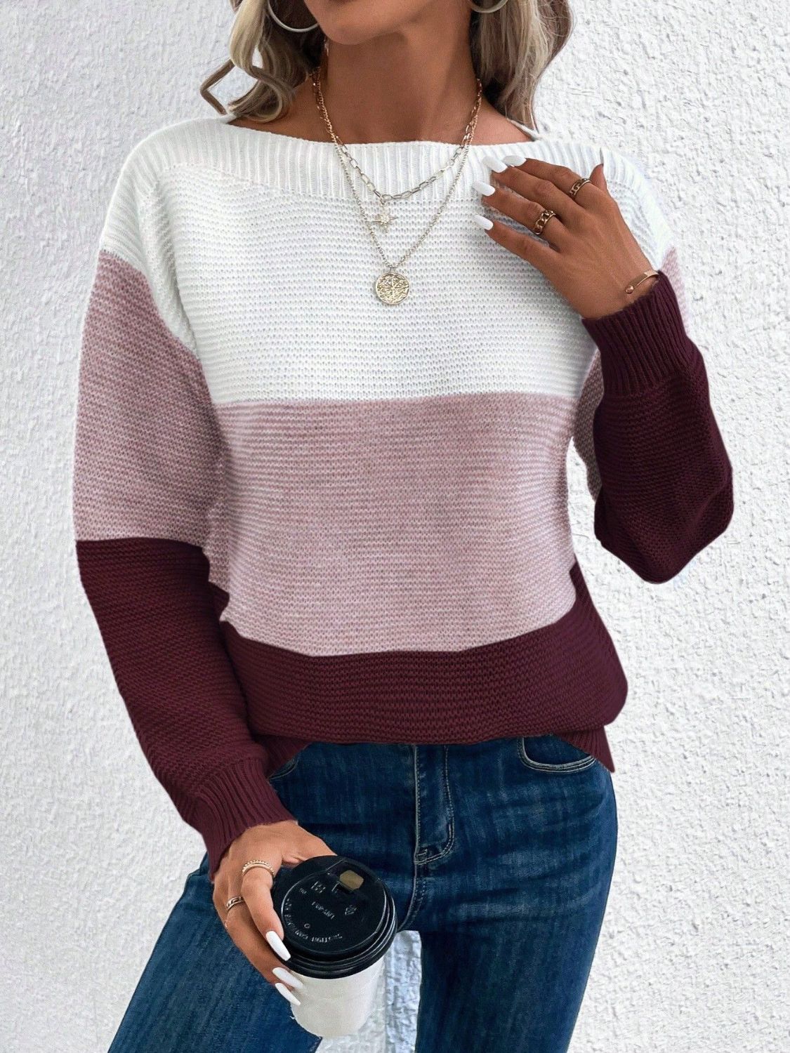 Color Block Boat Neck Sweater - ClassiQ