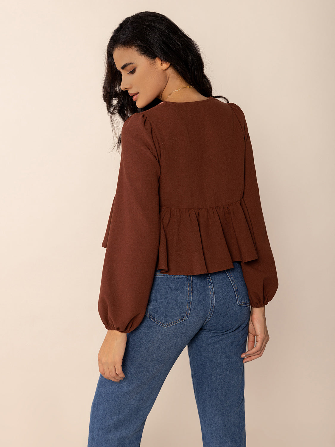 Peplum Tied V-Neck Long Sleeve Blouse - Classique Collection