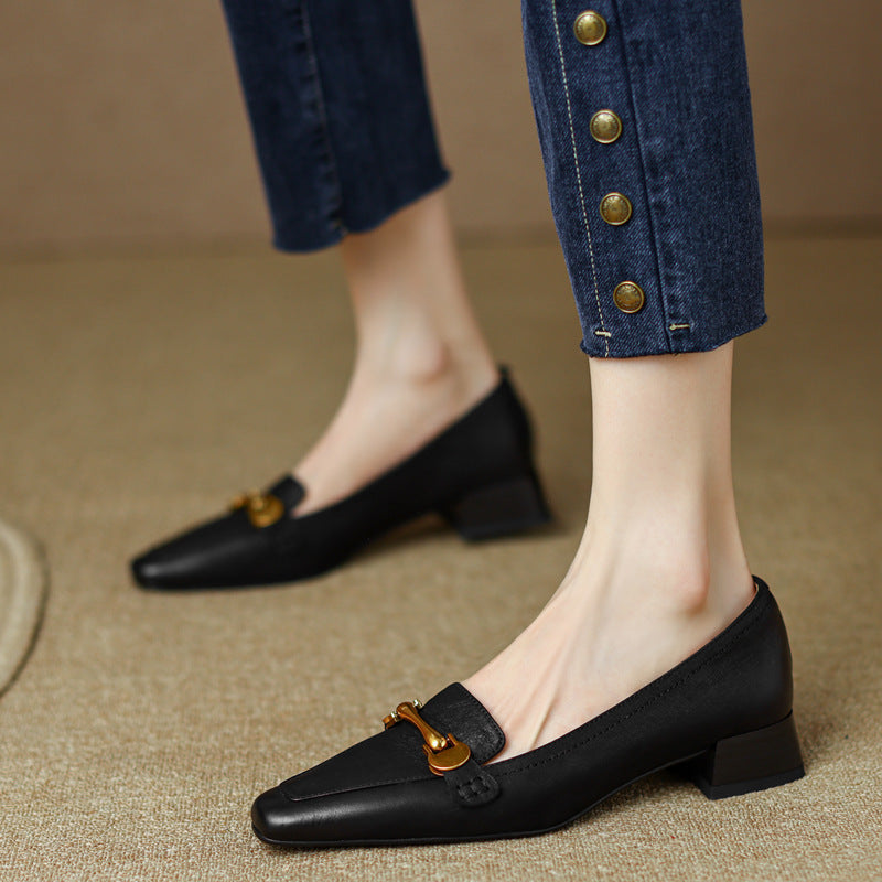 Spring And Autumn New Retro Square Toe Leather Shoes For Women ClassiQ