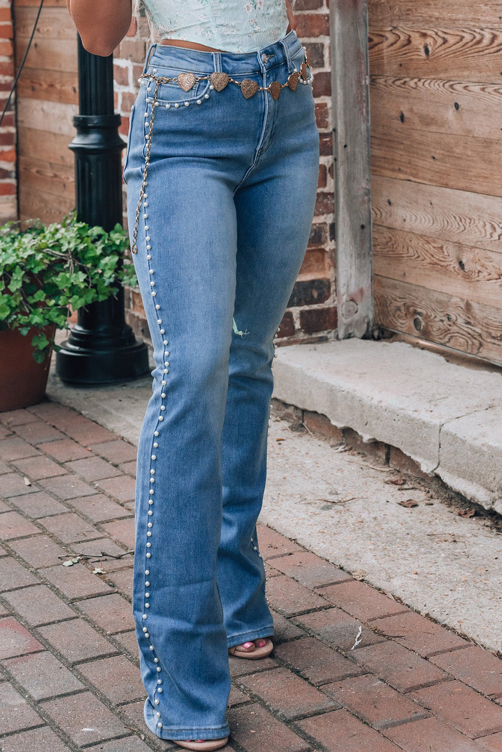 Pearl Trim High Waist Bootcut Jeans - Classique Collection