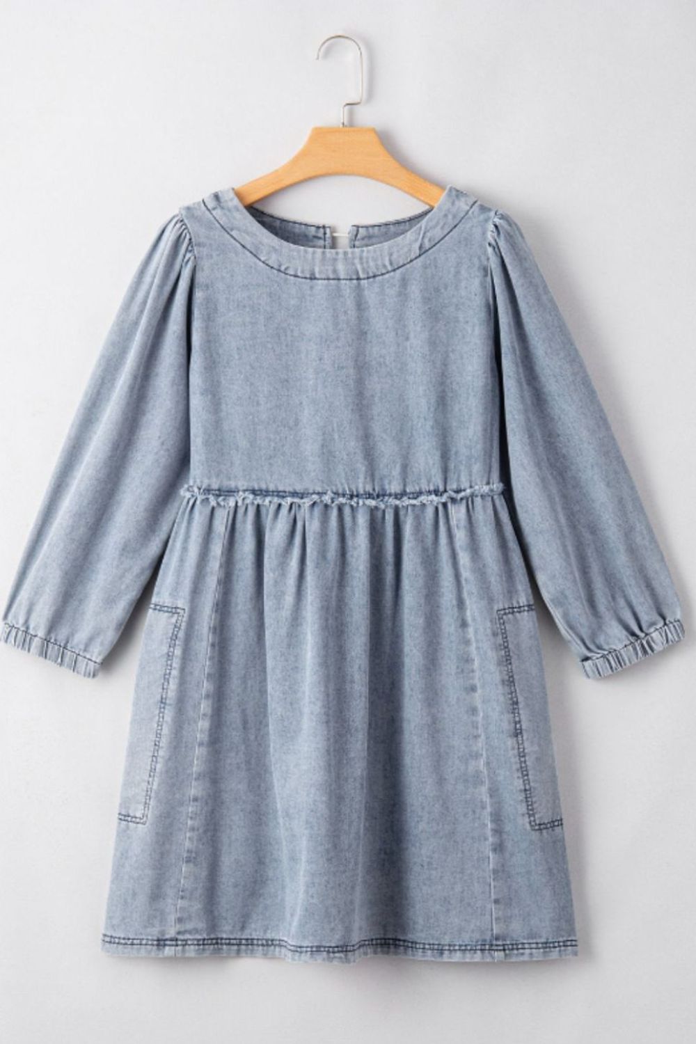 Cutout Round Neck Balloon Sleeve Denim Dress - Classique Collection