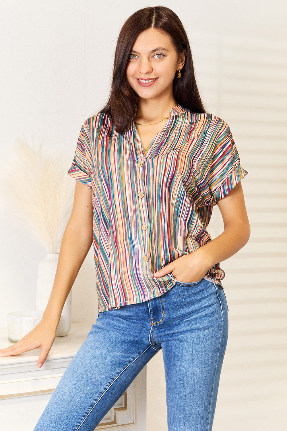 Shiny Multicolored Stripe Notched Neck Top - ClassiQ