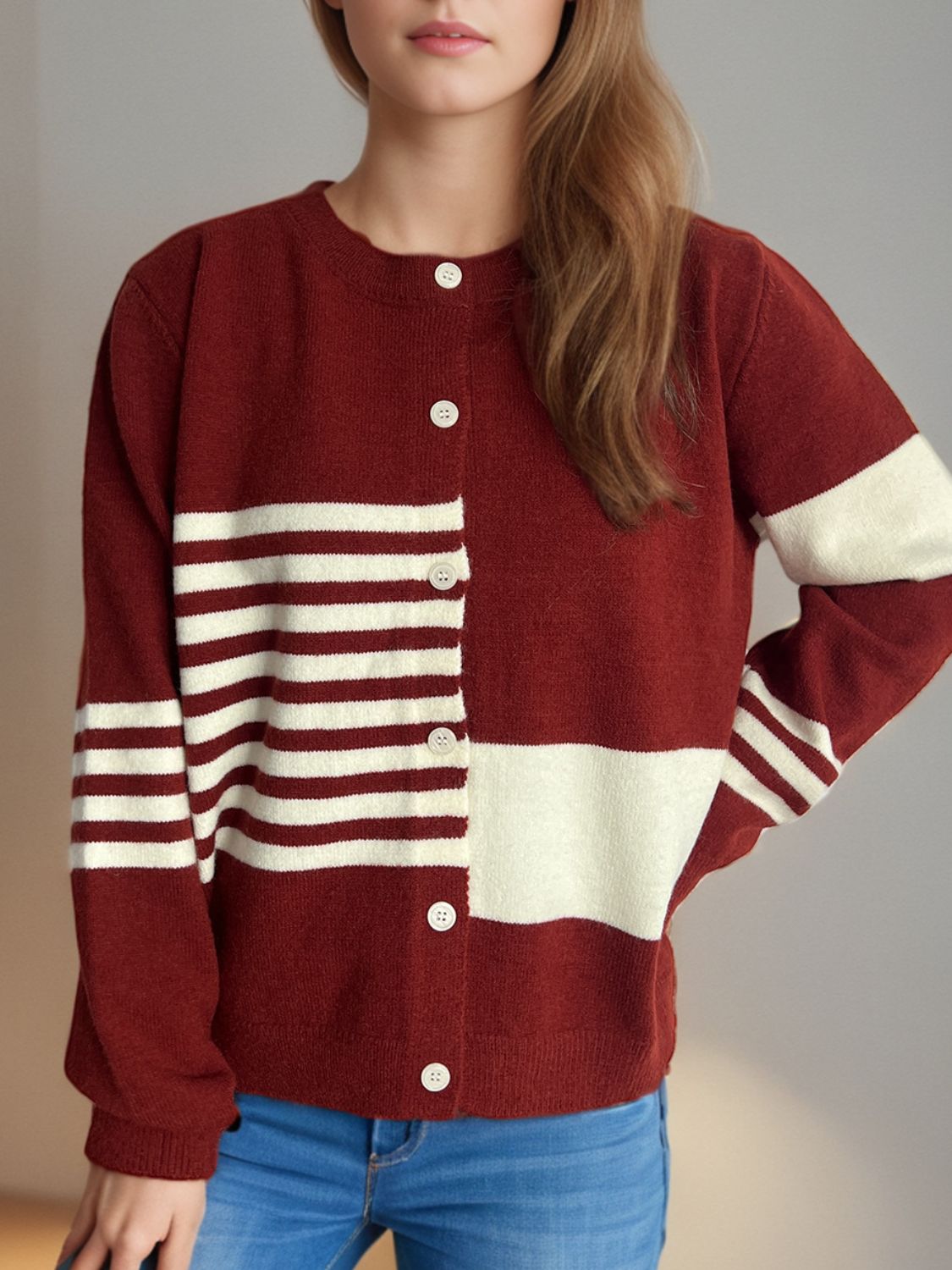 Striped Color Block Round Neck Cardigan - Classique Collection