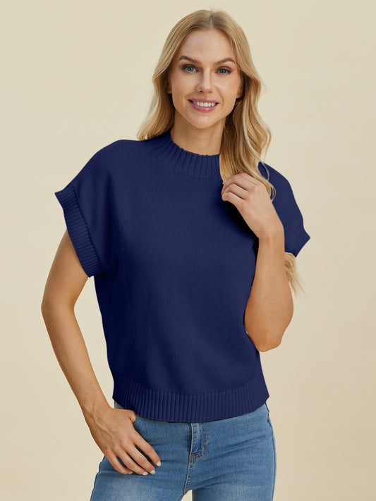 Double Take Full Size Mock Neck Short Sleeve Sweater - ClassiQ