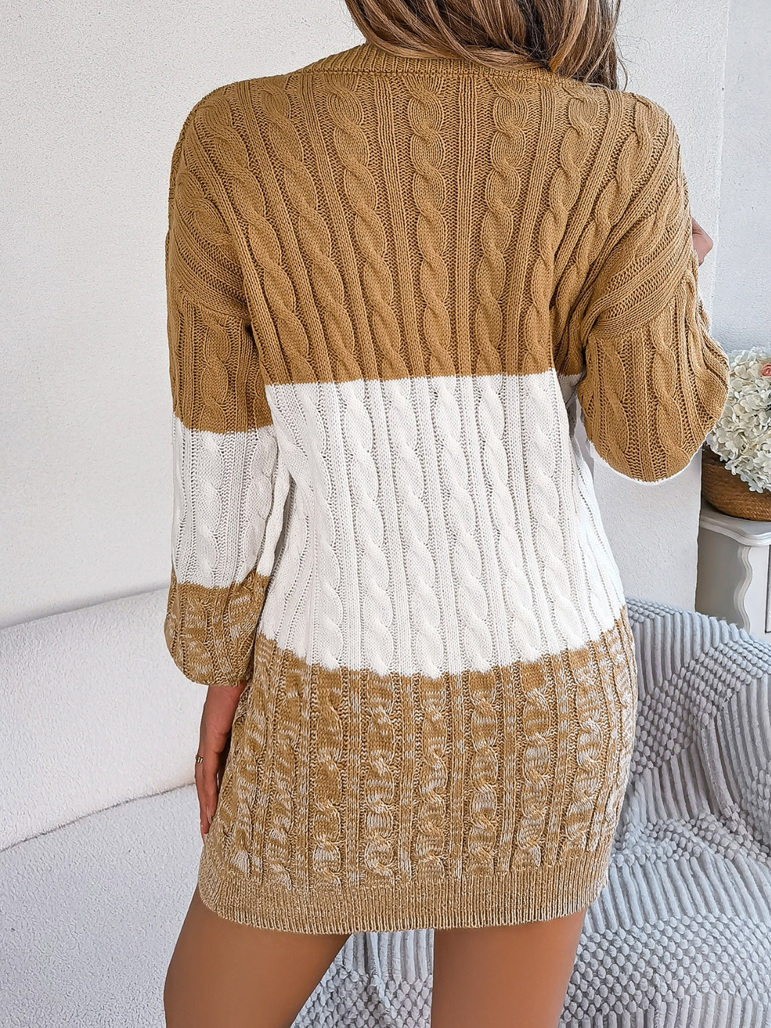 Cable-Knit Round Neck Color Block Sweater Dress - Classique Collection
