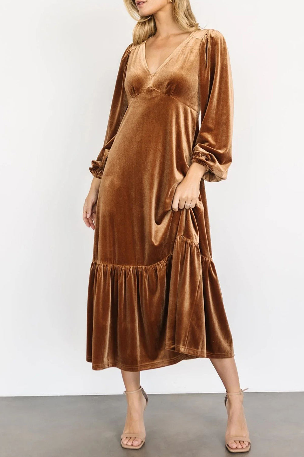 V-Neck Long Sleeve Midi Velvet Dress - Classique Collection