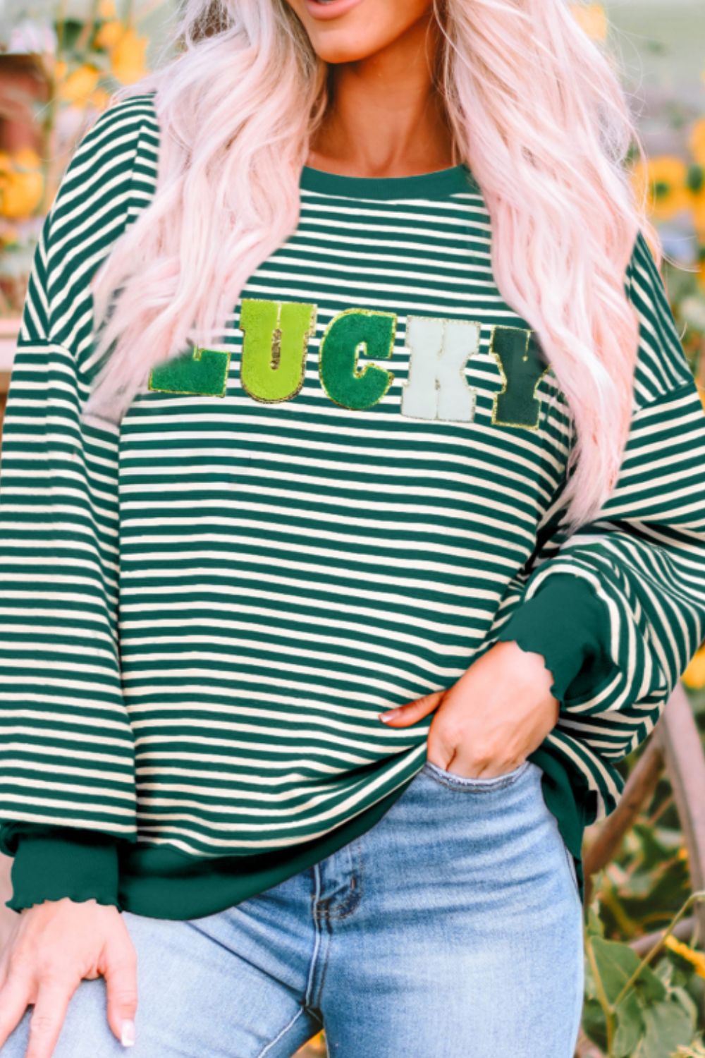 LUCKY Striped Round Neck Long Sleeve Sweatshirt - Classique Collection
