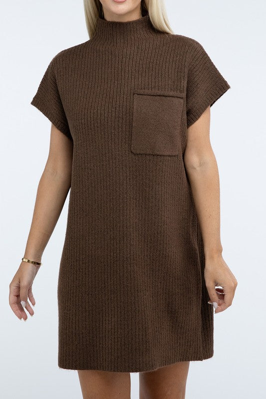 Mock Neck Short Sleeve Sweater Dress with Pocket - Classique Collection