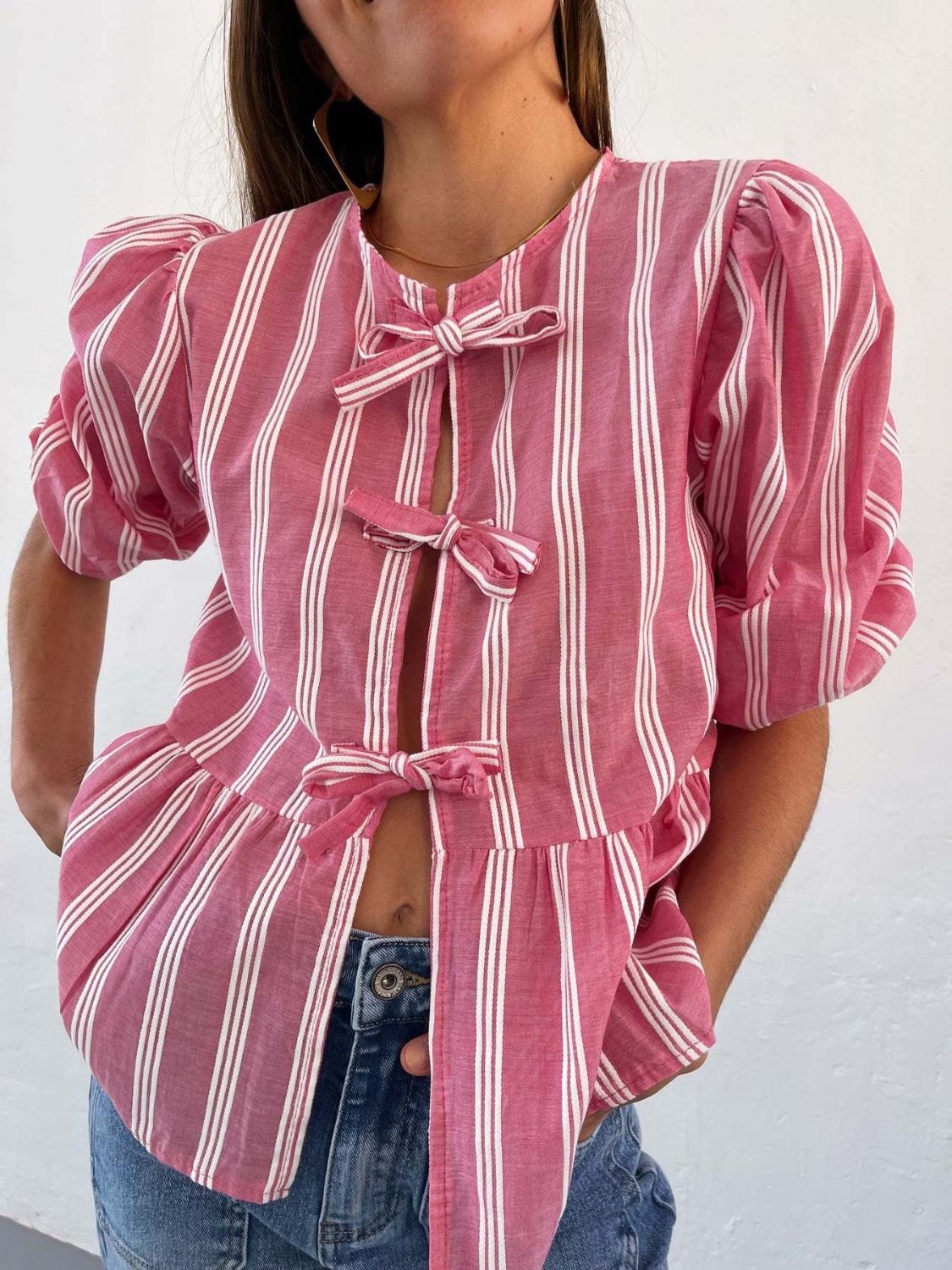 Tied Round Neck Balloon Sleeve Shirt - Classique Collection