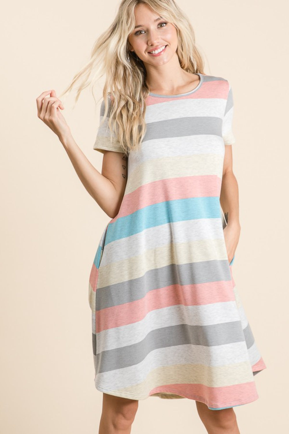 BOMBOM Striped Short Sleeve Dress with Pockets - Classique Collection