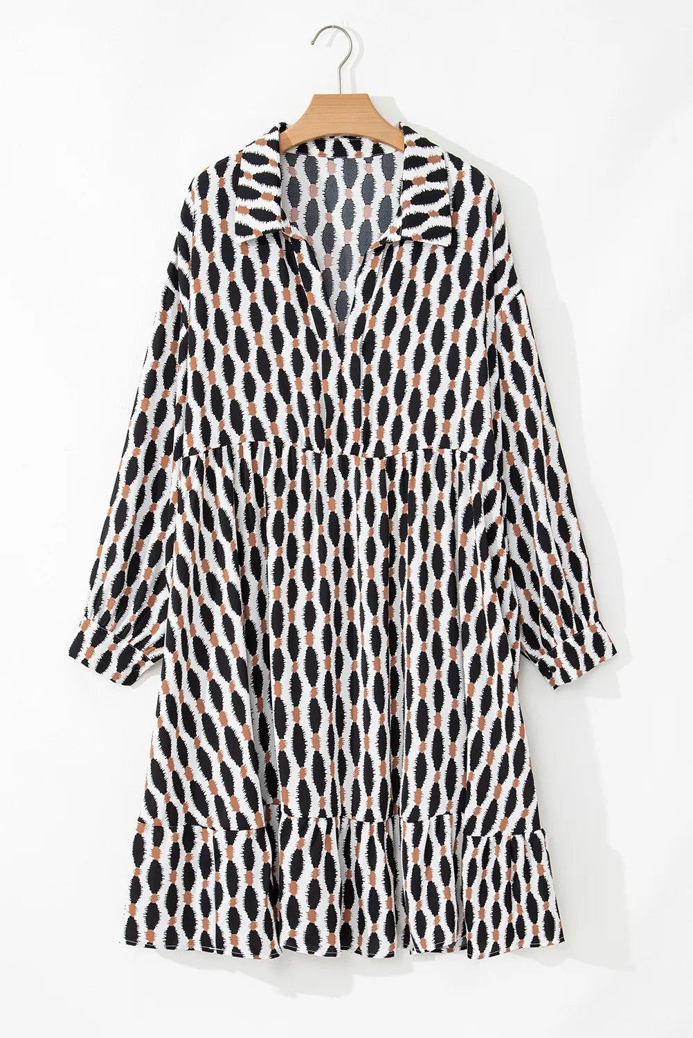 Plus Size Printed Johnny Collar Long Sleeve Dress - Classique Collection