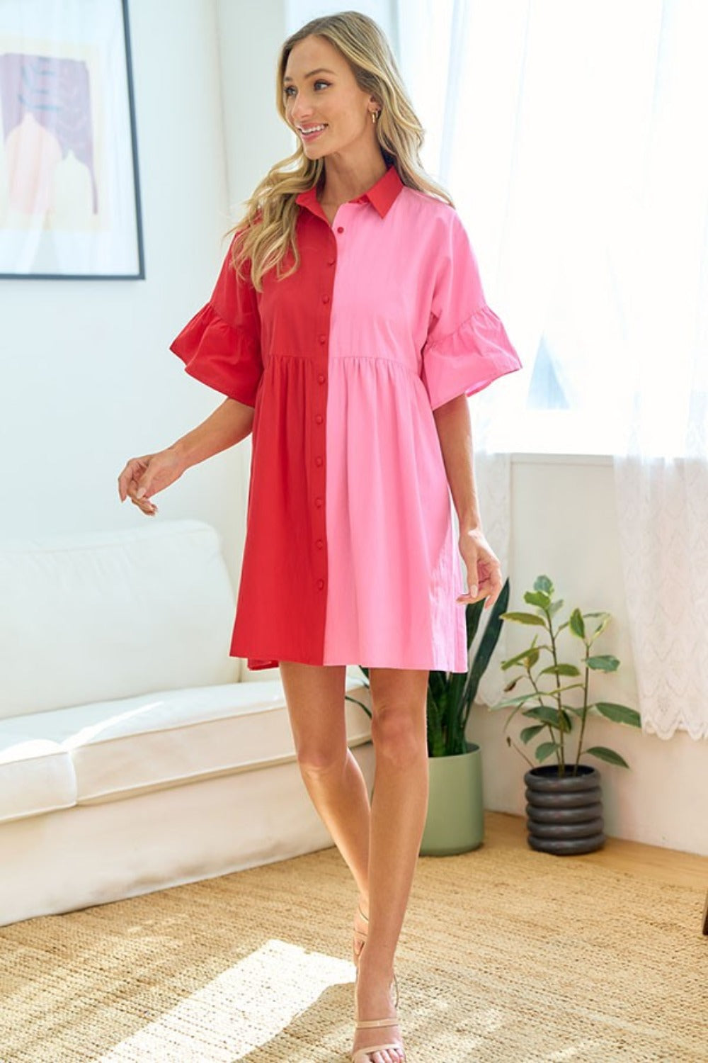 First Love Full Size Color Blocked Button Down Babydoll Dress - ClassiQ