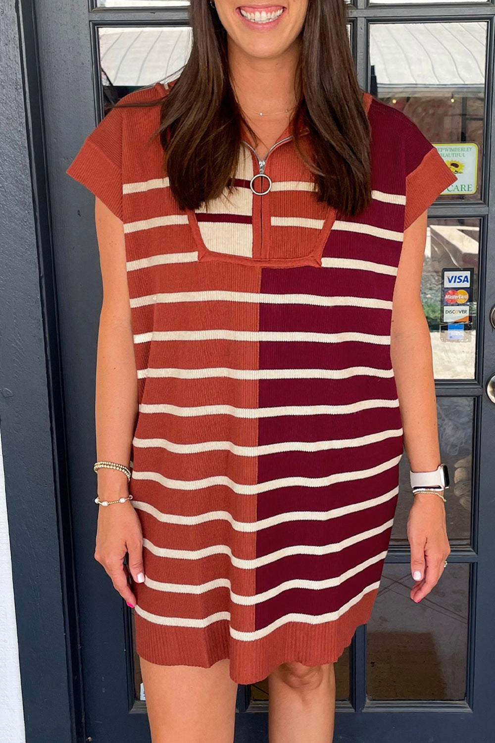 Striped Quarter Zip Cap Sleeve Sweater Dress - ClassiQ