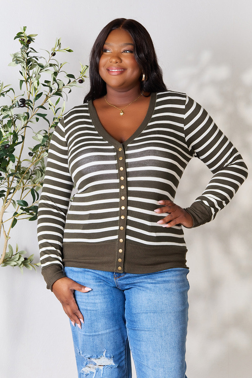 Zenana Full Size Striped Snap Down Cardigan - Classique Collection