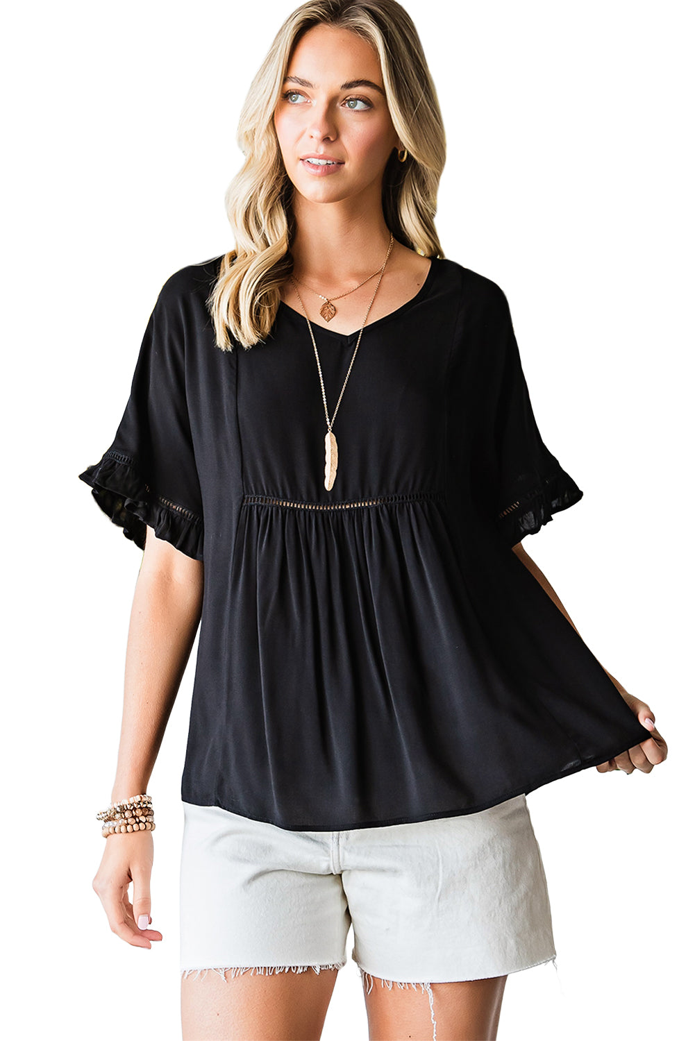 V-Neck Flounce Sleeve Babydoll Blouse - Classique Collection