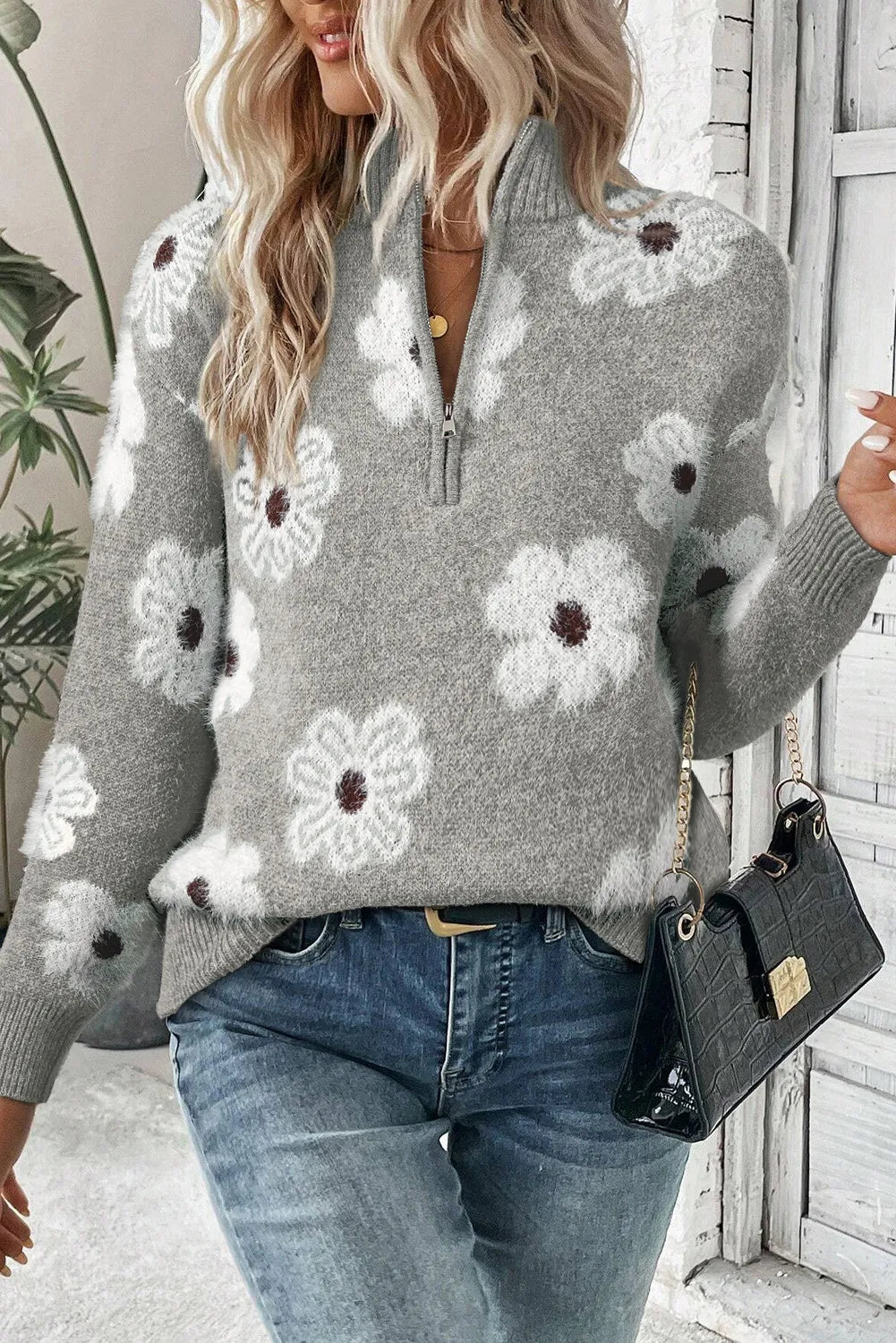 Flower Half Zip Long Sleeve Sweater - ClassiQ