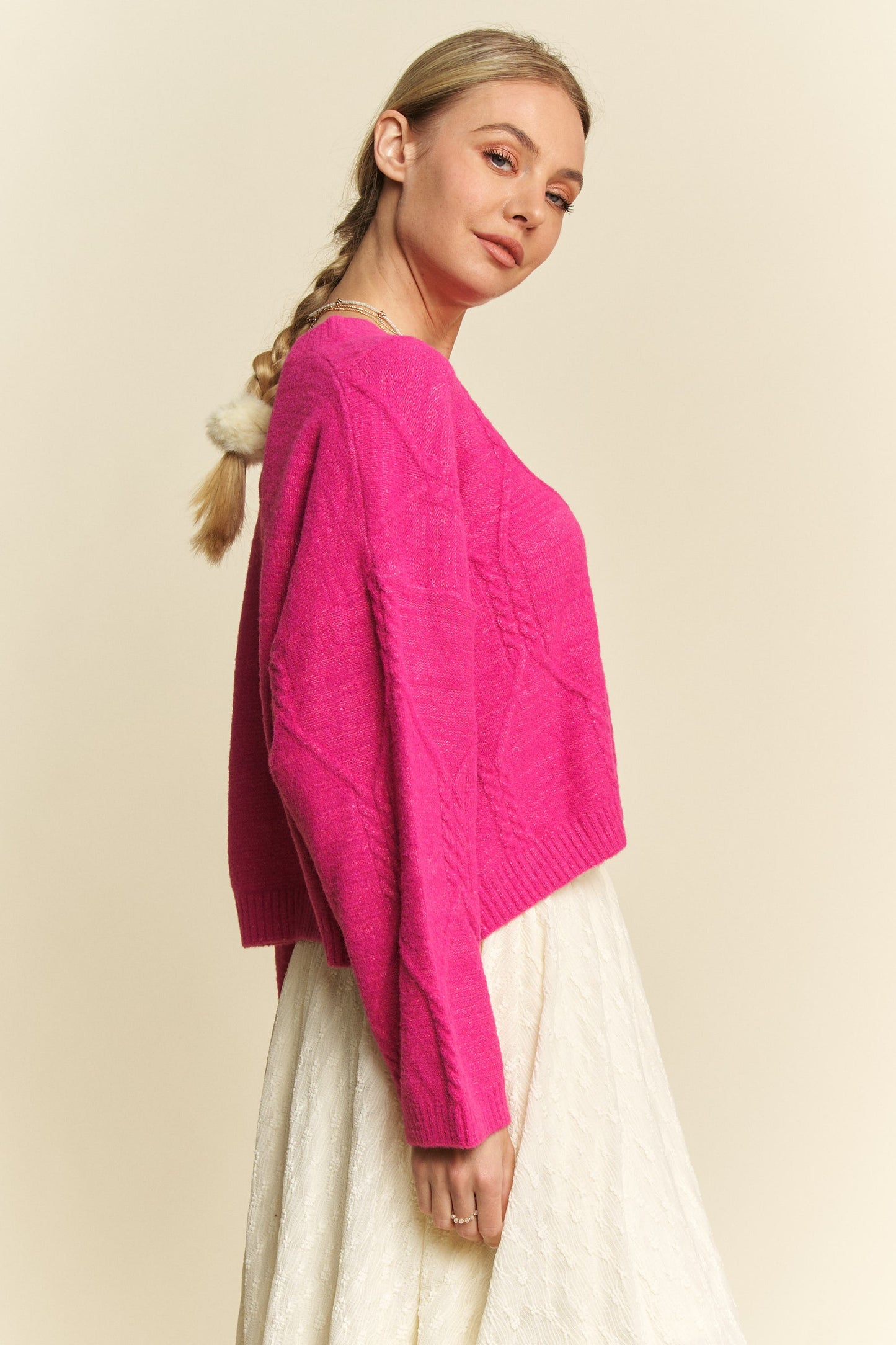 Davi & Dani Diamond Cable Pattern Drop Shoulder Sweater - Classique Collection