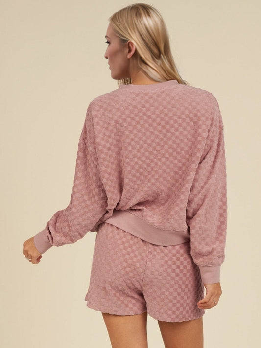 Oh Checkered Round Neck Long Sleeve Top and Shorts Set - ClassiQ