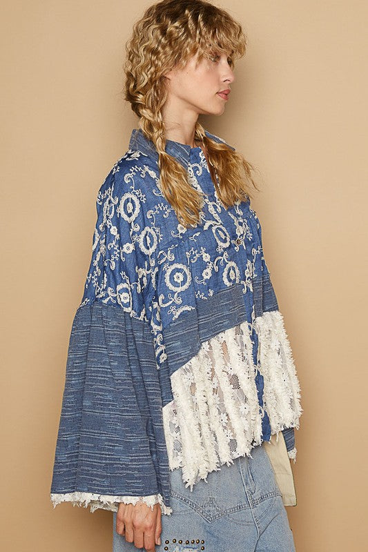 POL Lace Hem Embroidered Long Sleeve Shirt - Classique Collection