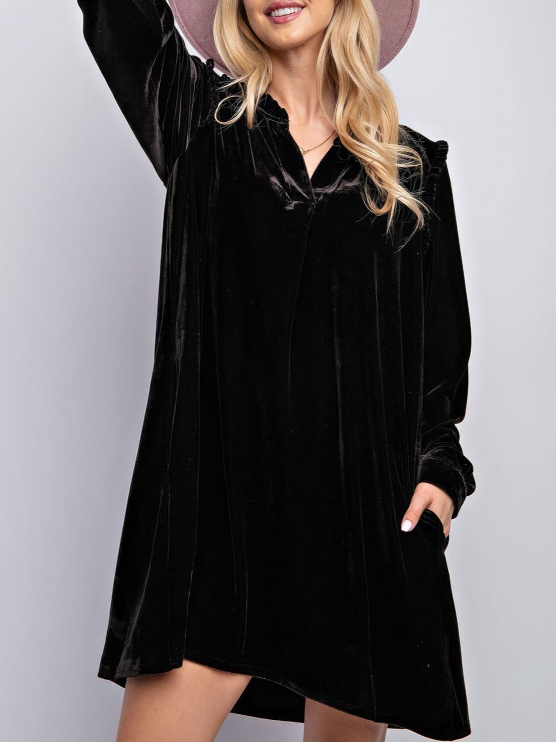 Frill Notched Long Sleeve Dress with Pockets - Classique Collection
