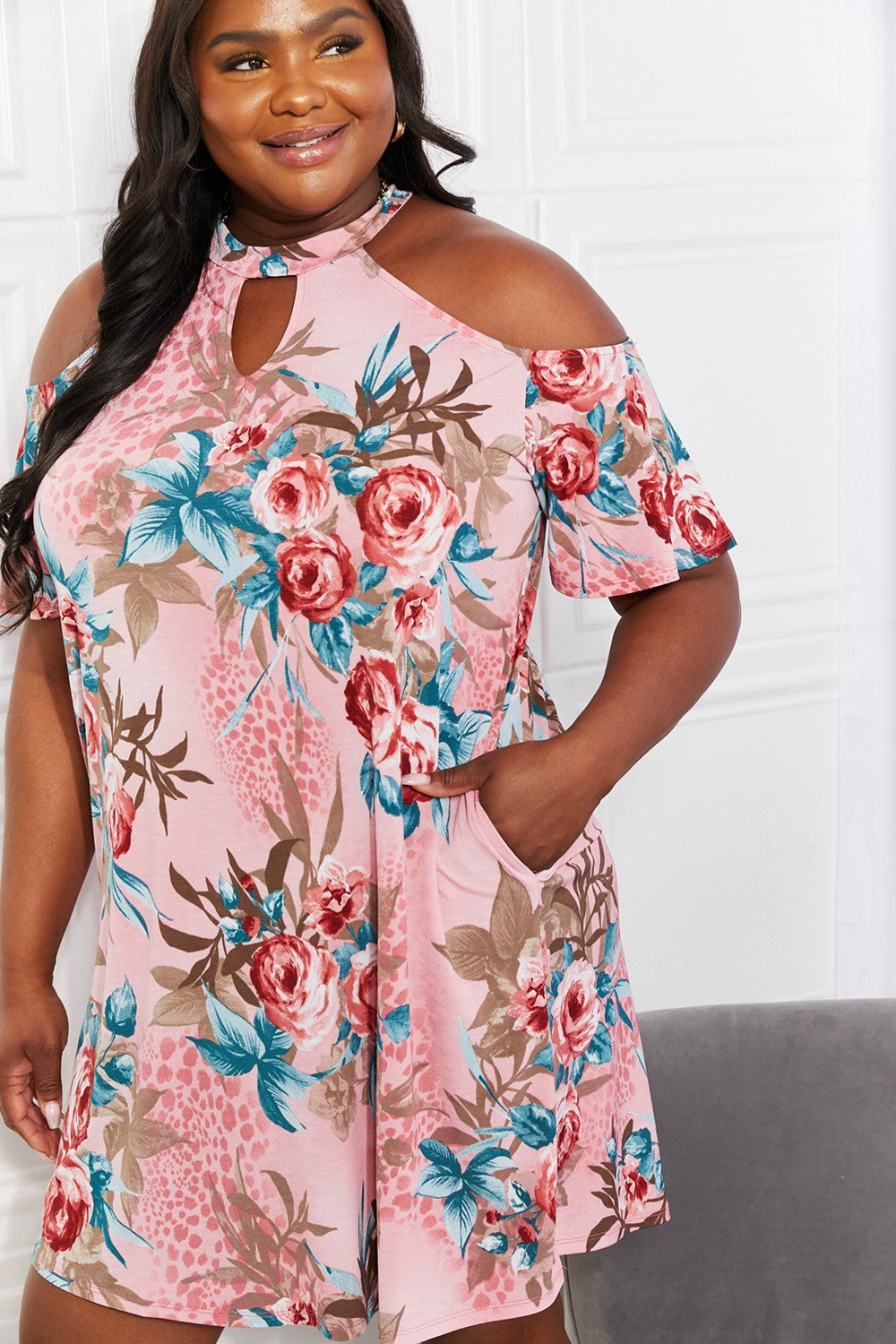 Sew In Love Full Size Fresh-Cut Flowers Cold-Shoulder Dress - ClassiQ