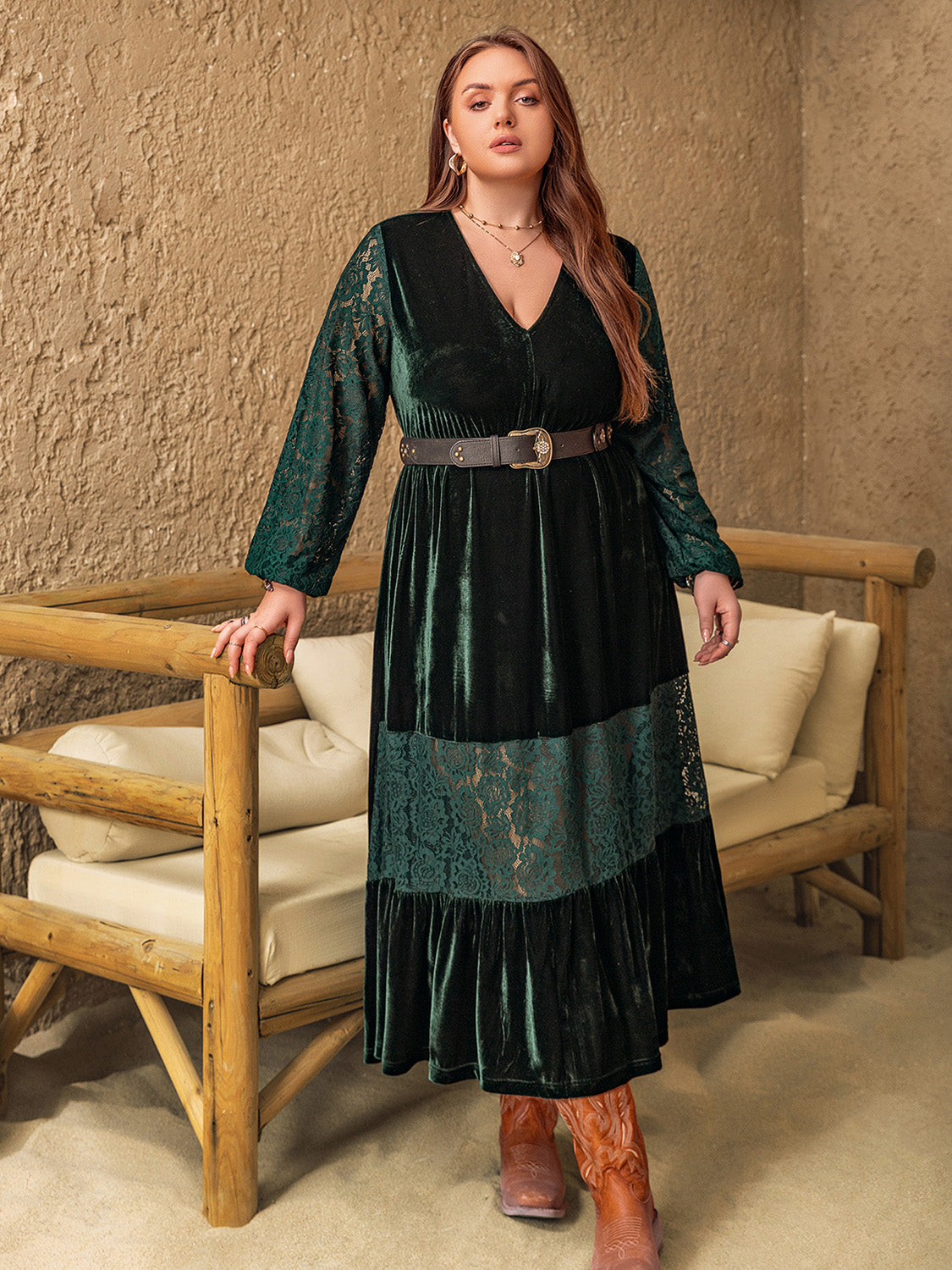 Plus Size Lace Patchwork V-Neck Balloon Sleeve Midi Dress - Classique Collection