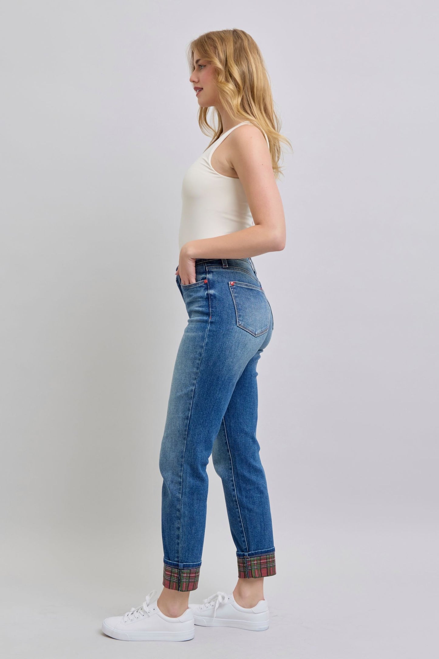 Judy Blue Full Size Plaid Print Cuff Straight Leg Jeans with Pockets - Classique Collection
