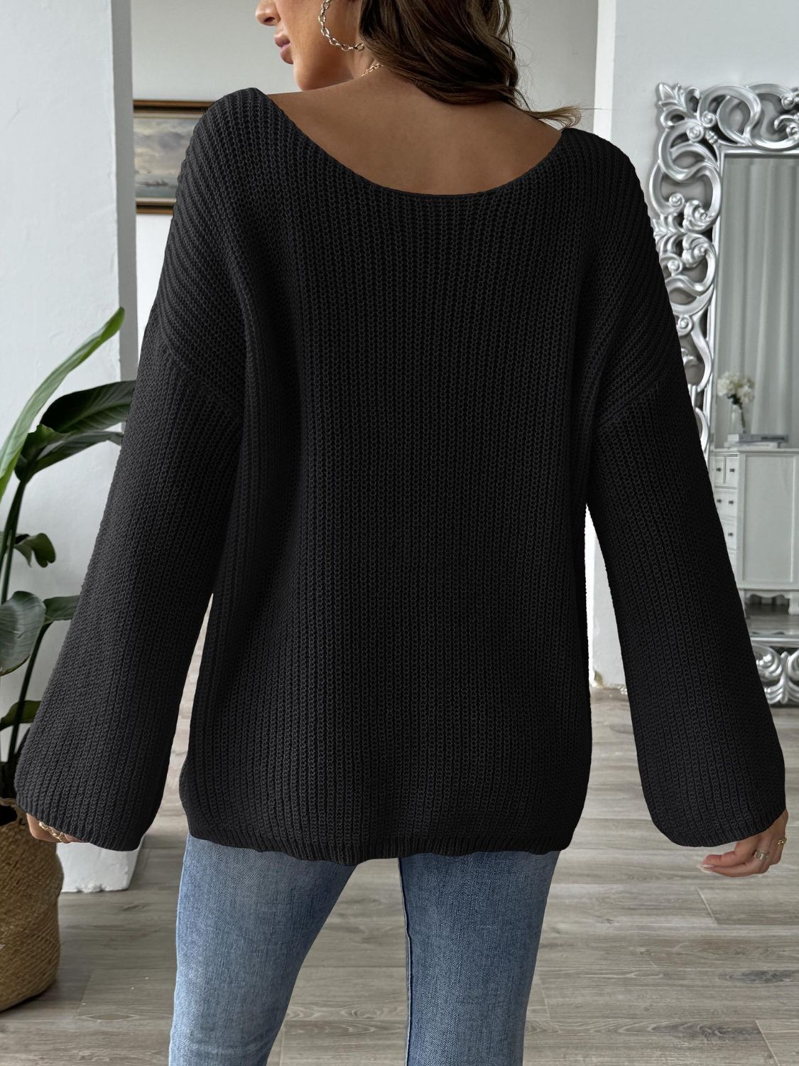 Bow Boat Neck Long Sleeve Sweater - ClassiQ