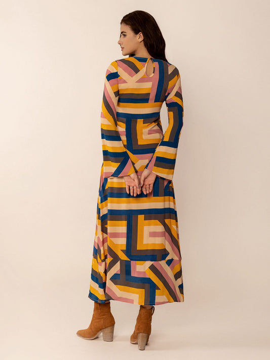 Contrast Round Neck Flare Sleeve Midi Dress - Classique Collection