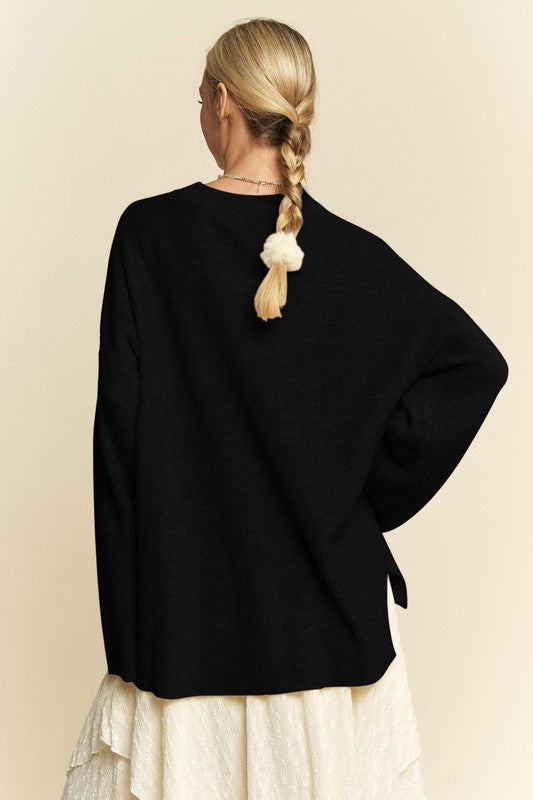 Davi & Dani High-Low Round Neck Drop Shoulder Sweater - ClassiQ