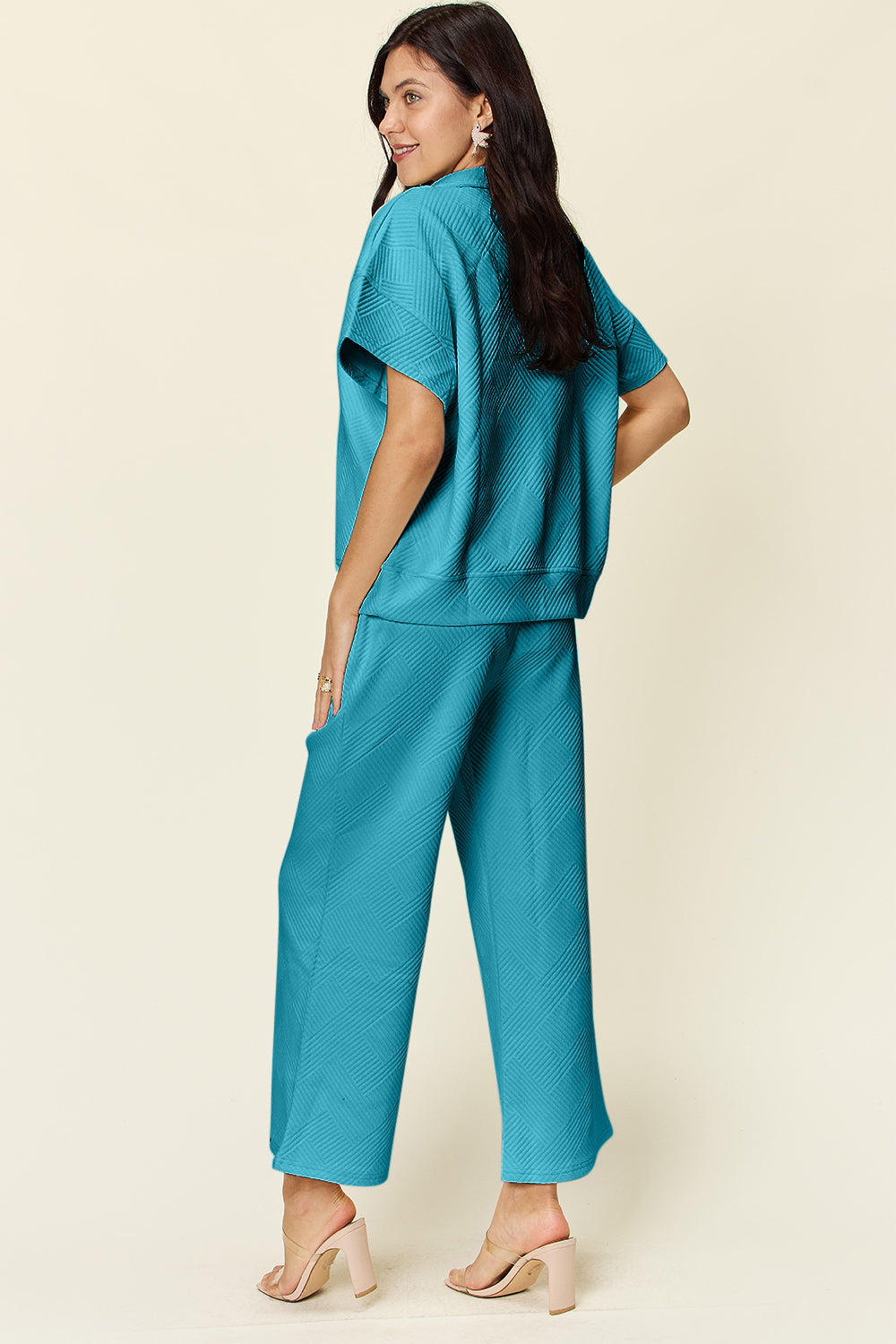 Double Take Full Size Texture Half Zip Short Sleeve Top and Pants Set - ClassiQ