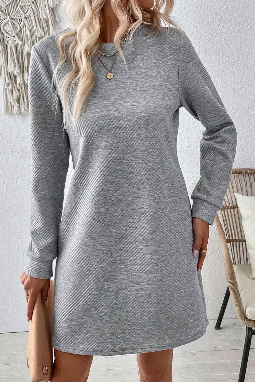 Textured Round Neck Long Sleeve Mini Dress - Classique Collection