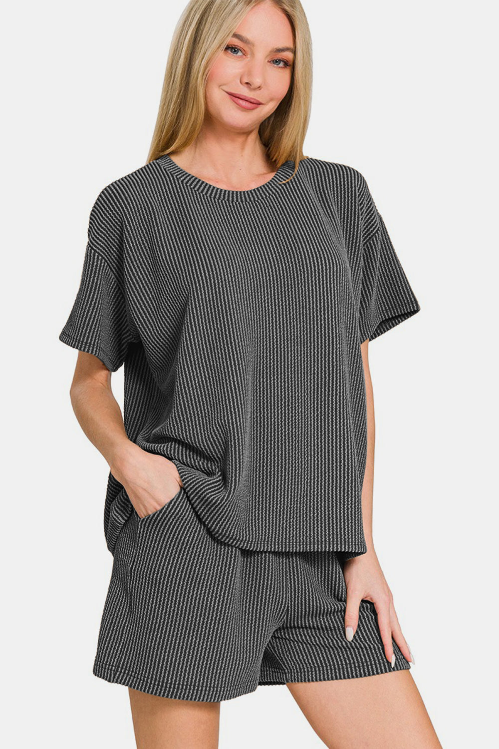 Zenana Rib Short Sleeve T-Shirt and Shorts Set - ClassiQ