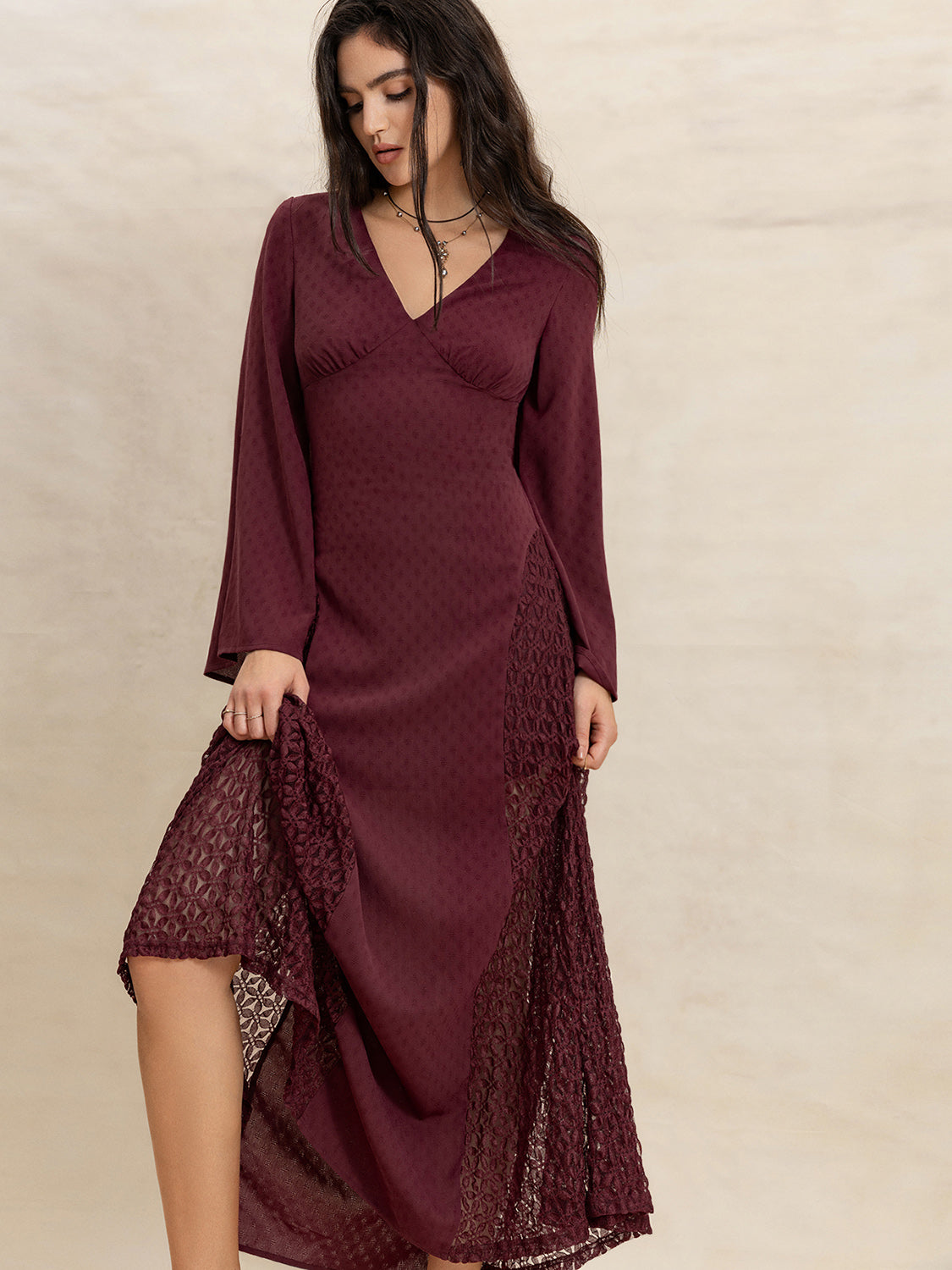 Lace Patchwork V-Neck Long Sleeve Midi Dress - Classique Collection