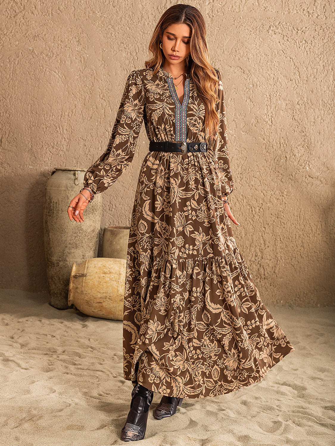 Ruched Printed Notched Long Sleeve Maxi Dress - Classique Collection
